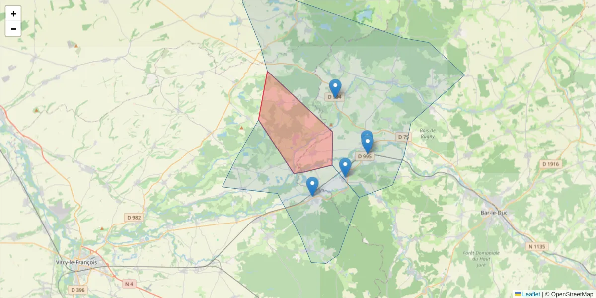 Carte de la zone du code postal  et des codes postaux voisins en France