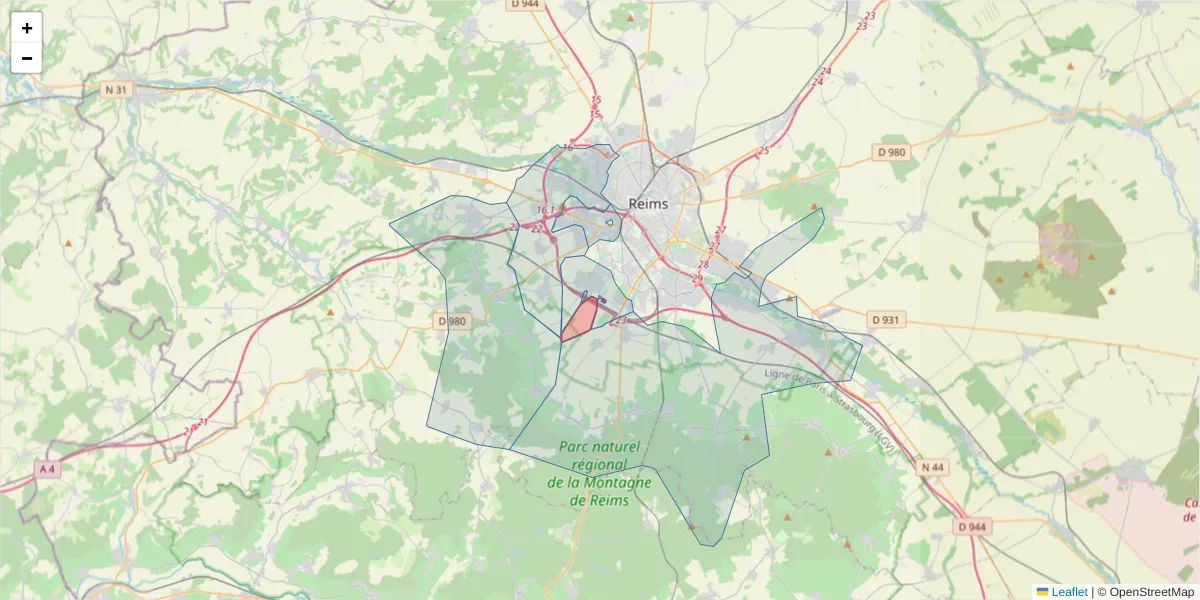 Carte de la zone du code postal  et des codes postaux voisins en France