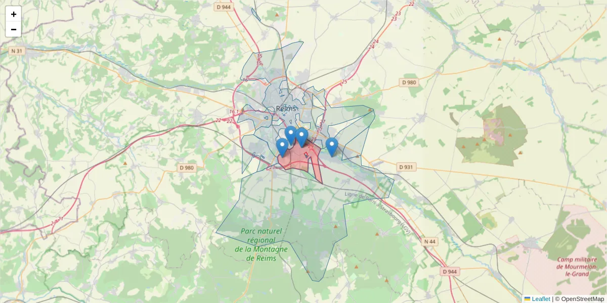 Carte de la zone du code postal  et des codes postaux voisins en France