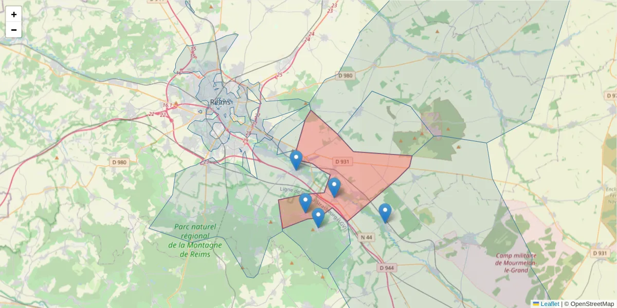 Carte de la zone du code postal  et des codes postaux voisins en France