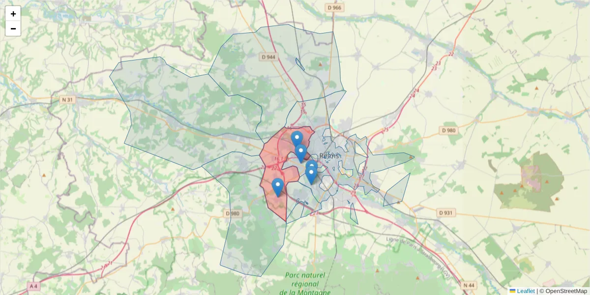 Carte de la zone du code postal  et des codes postaux voisins en France