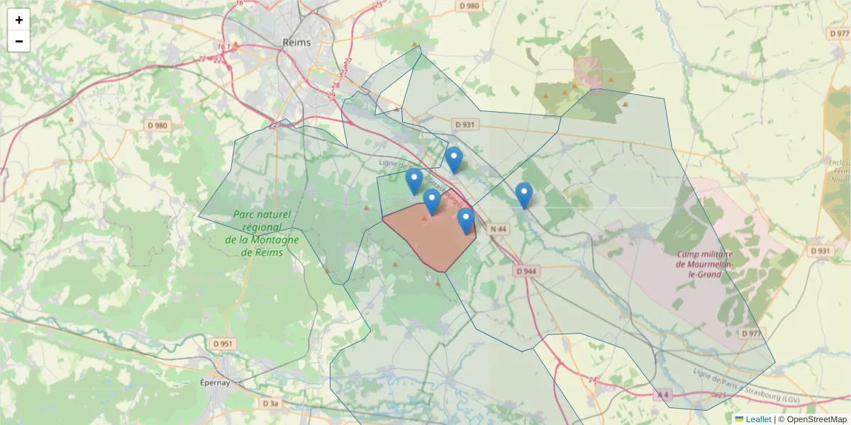 Carte de la zone du code postal  et des codes postaux voisins en France