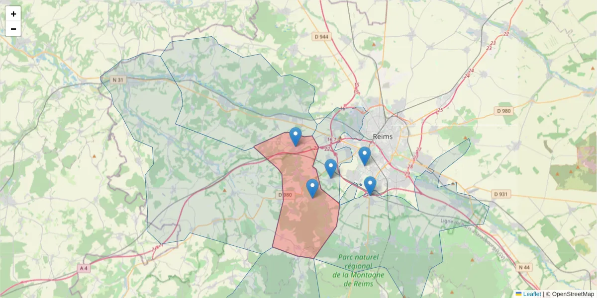 Carte de la zone du code postal  et des codes postaux voisins en France
