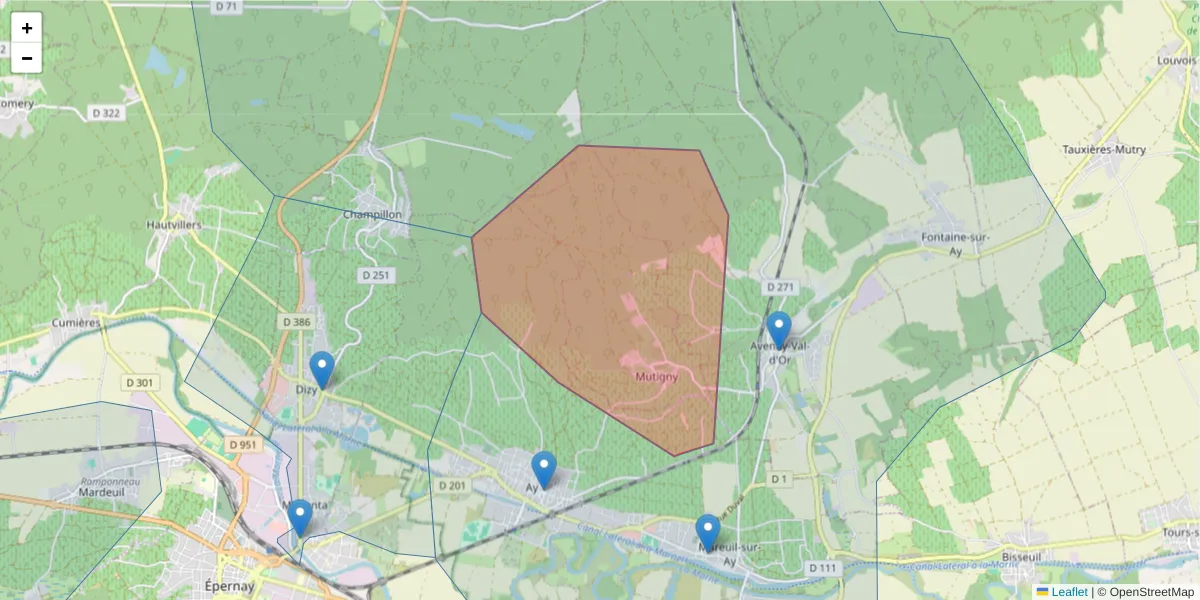 Carte de la zone du code postal  et des codes postaux voisins en France