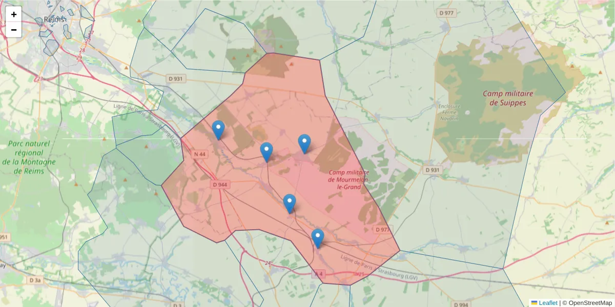 Carte de la zone du code postal  et des codes postaux voisins en France