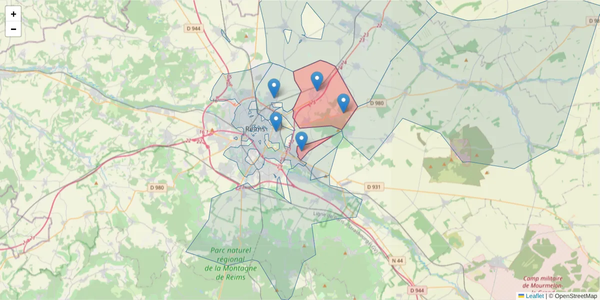 Carte de la zone du code postal  et des codes postaux voisins en France