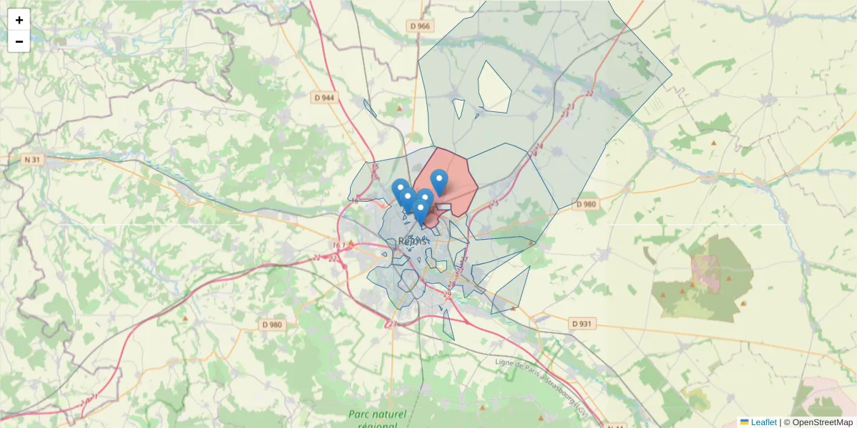 Carte de la zone du code postal  et des codes postaux voisins en France