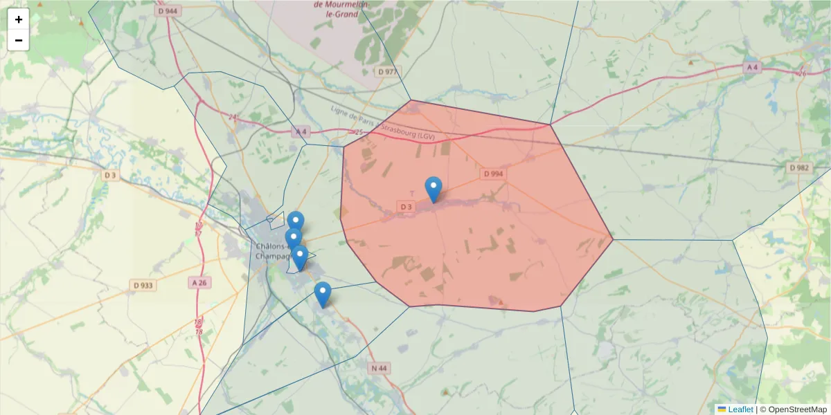 Carte de la zone du code postal  et des codes postaux voisins en France