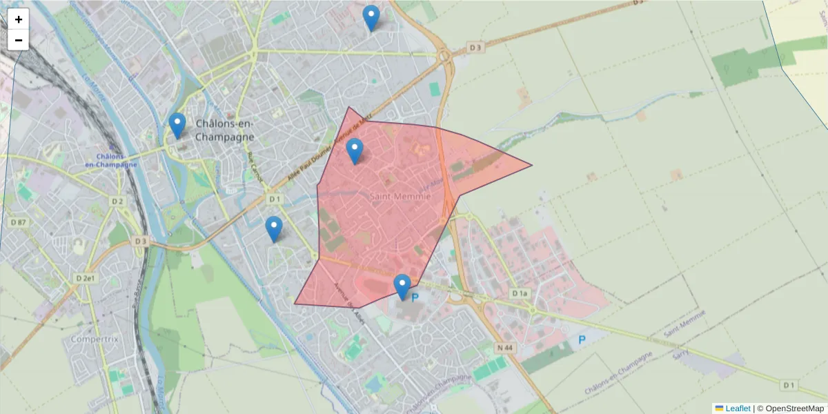 Carte de la zone du code postal  et des codes postaux voisins en France