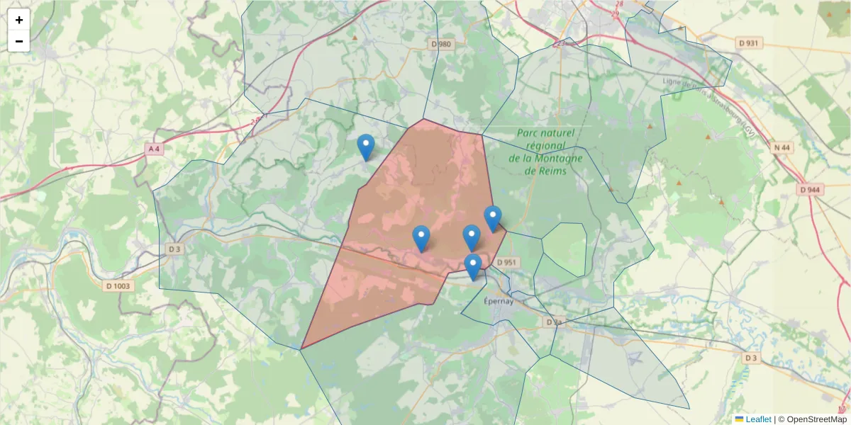 Carte de la zone du code postal  et des codes postaux voisins en France