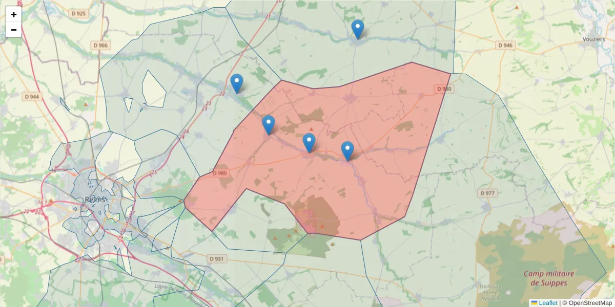 Carte de la zone du code postal  et des codes postaux voisins en France