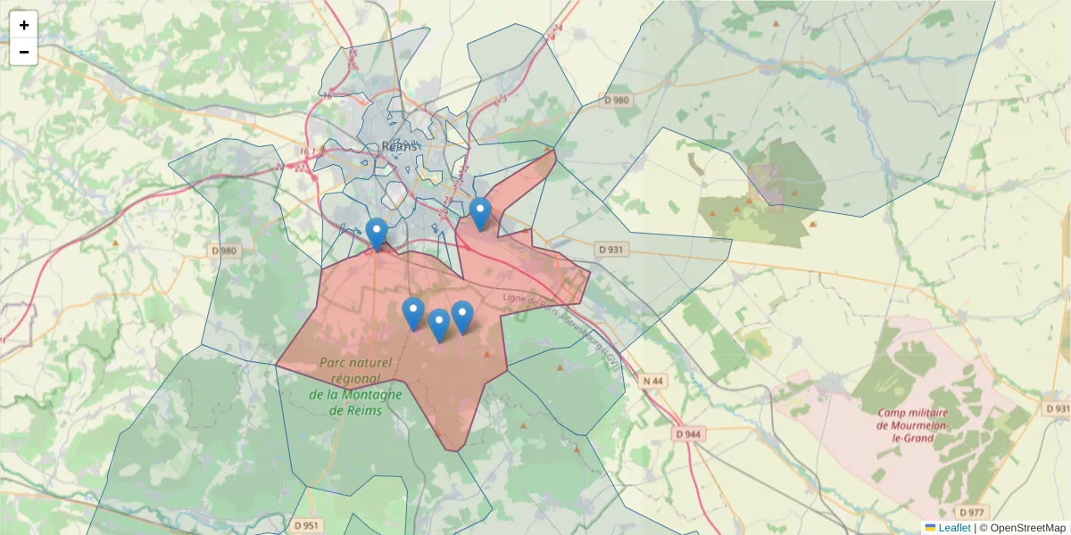 Carte de la zone du code postal  et des codes postaux voisins en France