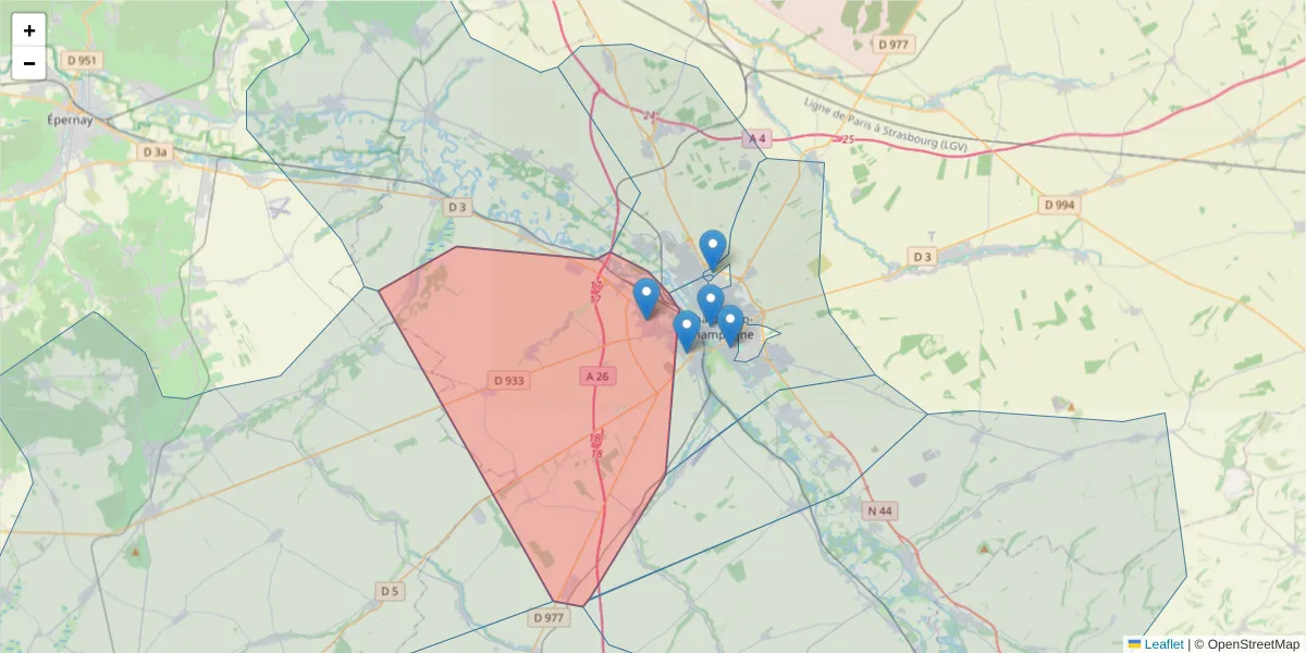Carte de la zone du code postal  et des codes postaux voisins en France