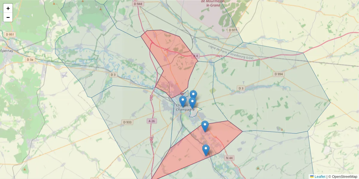 Carte de la zone du code postal  et des codes postaux voisins en France