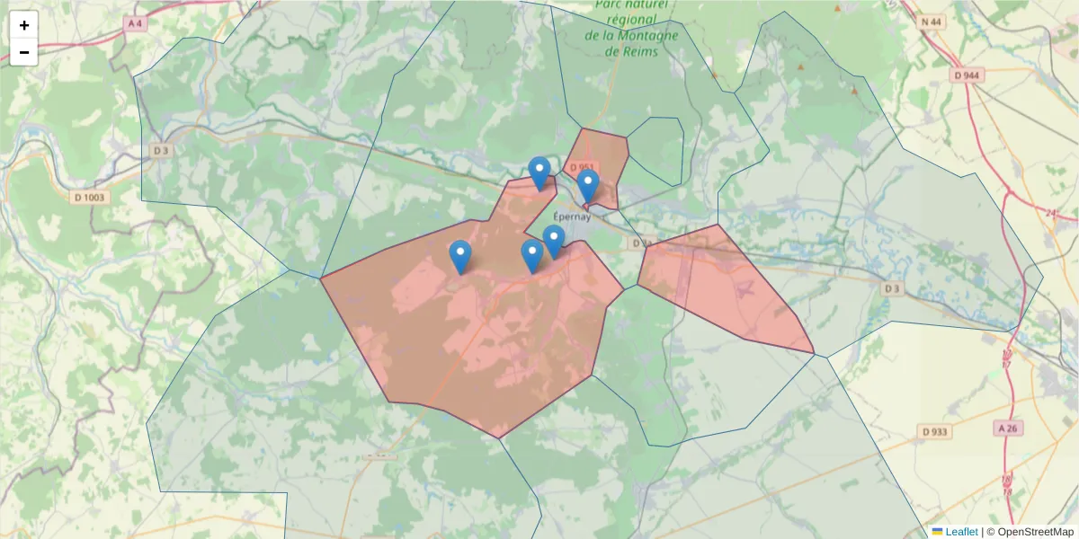 Carte de la zone du code postal  et des codes postaux voisins en France