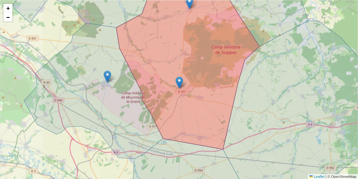 Carte de la zone du code postal  et des codes postaux voisins en France