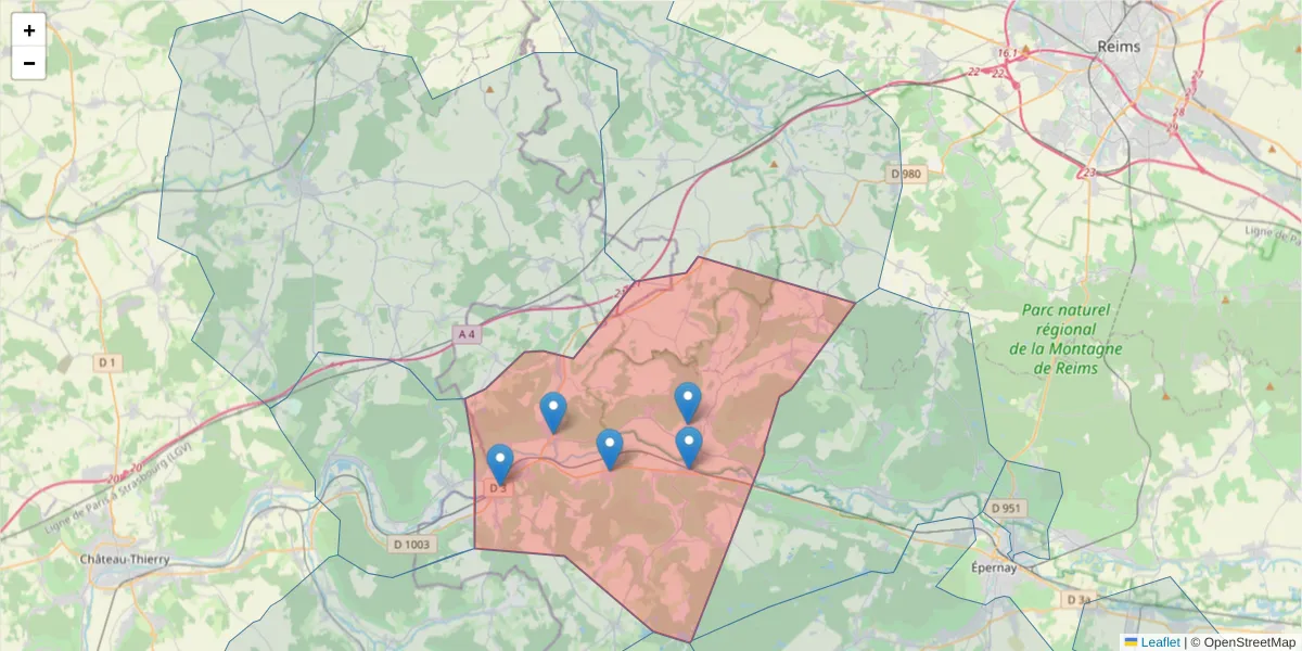 Carte de la zone du code postal  et des codes postaux voisins en France