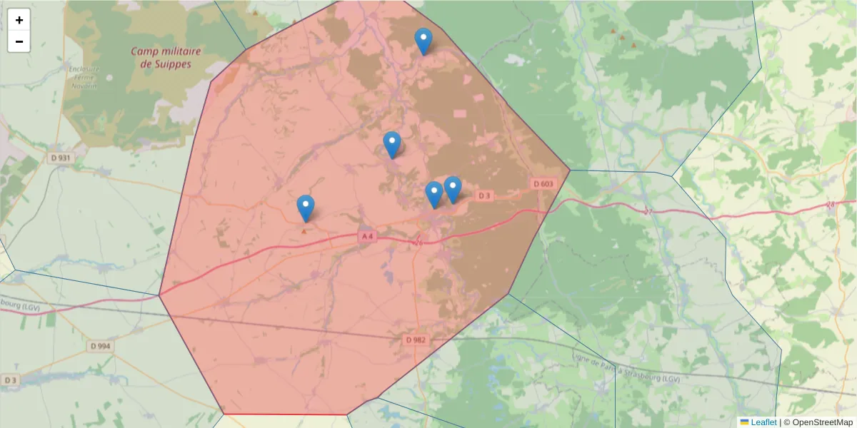 Carte de la zone du code postal  et des codes postaux voisins en France