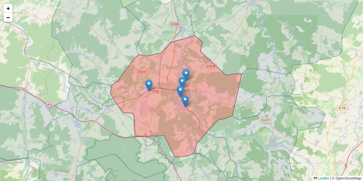 Carte de la zone du code postal  et des codes postaux voisins en France