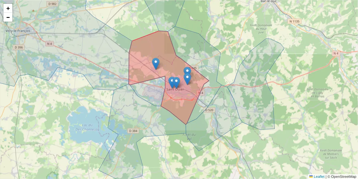 Carte de la zone du code postal  et des codes postaux voisins en France