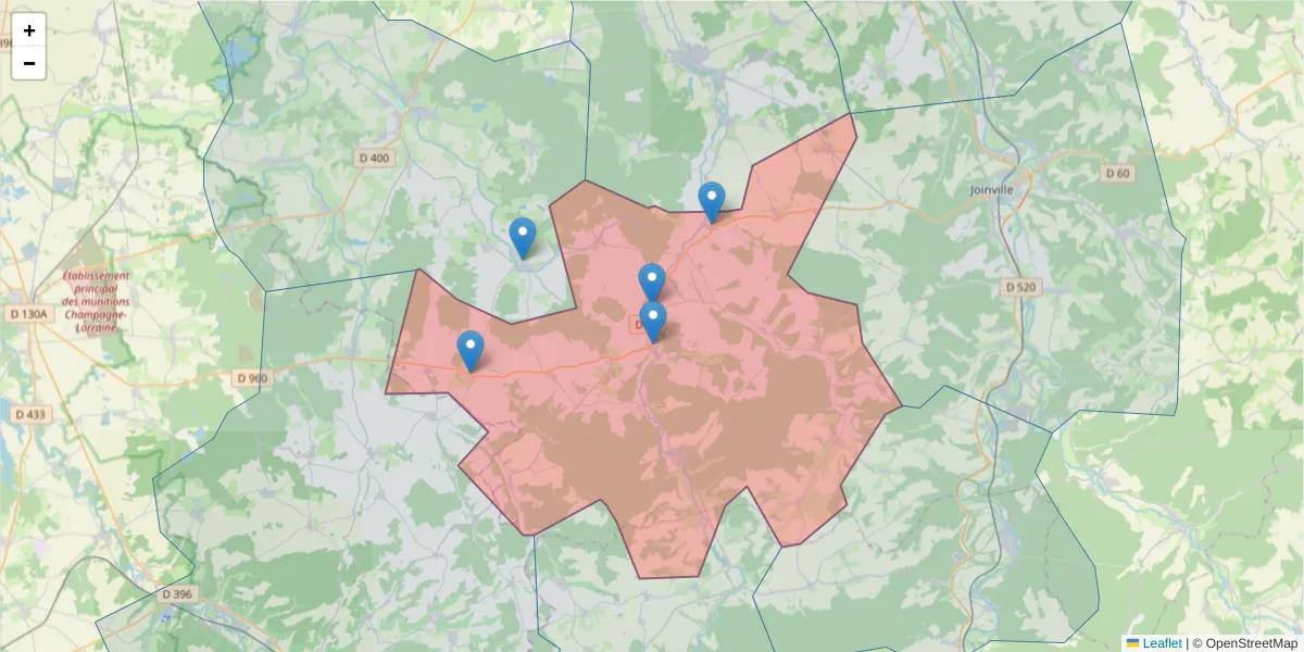 Carte de la zone du code postal  et des codes postaux voisins en France