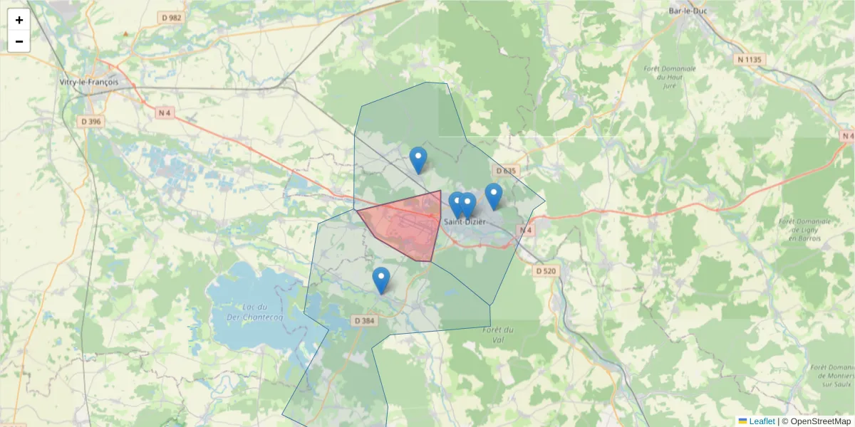 Carte de la zone du code postal  et des codes postaux voisins en France