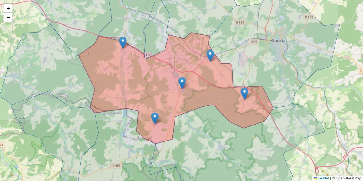 Carte de la zone du code postal  et des codes postaux voisins en France