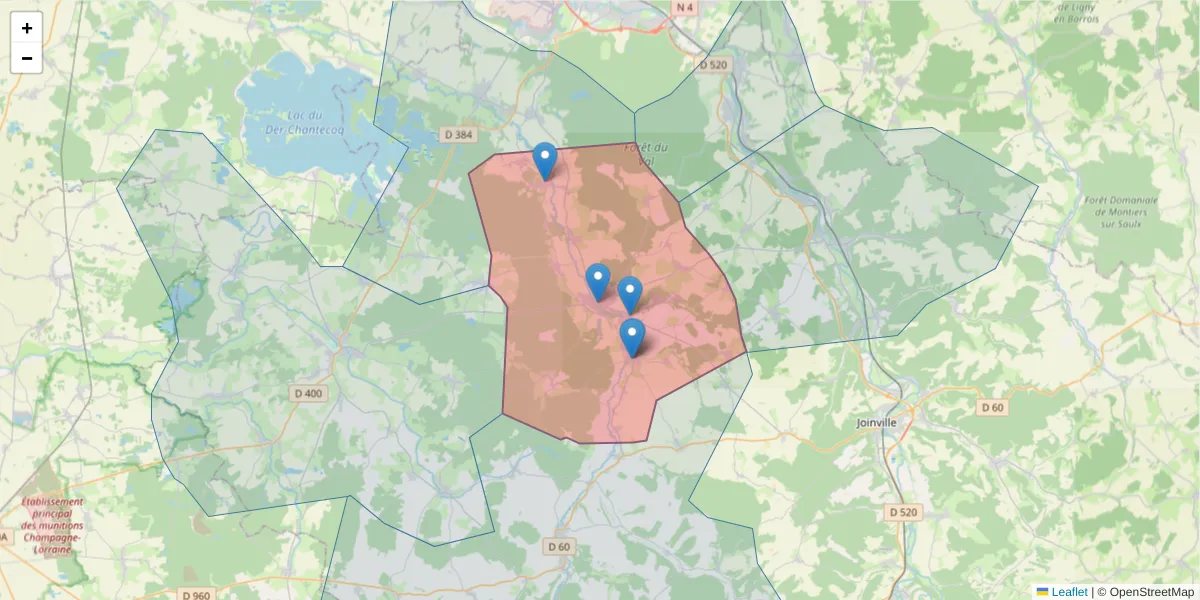 Carte de la zone du code postal  et des codes postaux voisins en France