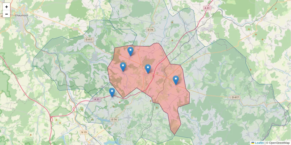 Carte de la zone du code postal  et des codes postaux voisins en France