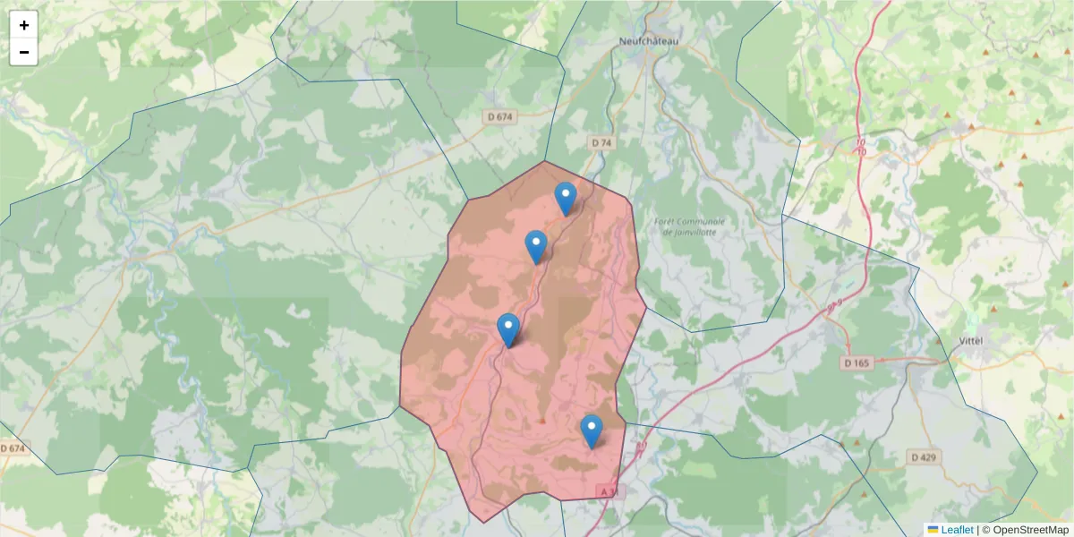 Carte de la zone du code postal  et des codes postaux voisins en France