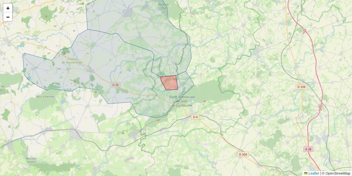 Carte de la zone du code postal  et des codes postaux voisins en France
