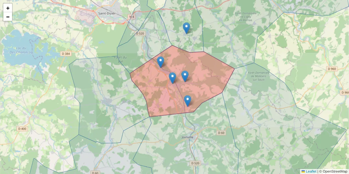 Carte de la zone du code postal  et des codes postaux voisins en France