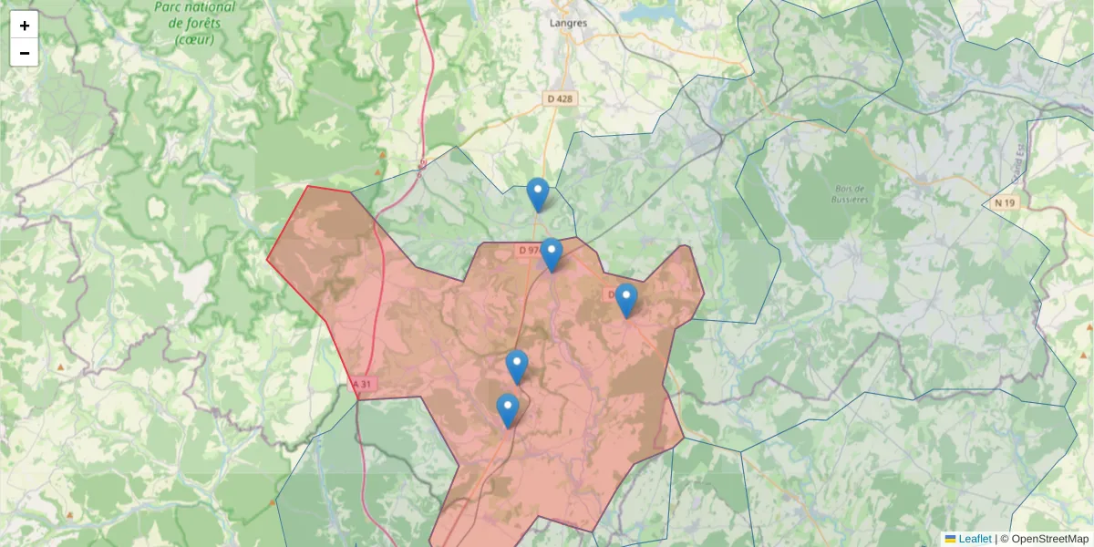 Carte de la zone du code postal  et des codes postaux voisins en France