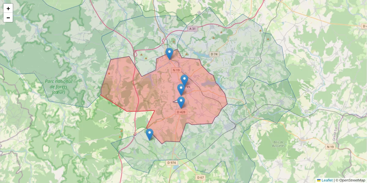 Carte de la zone du code postal  et des codes postaux voisins en France