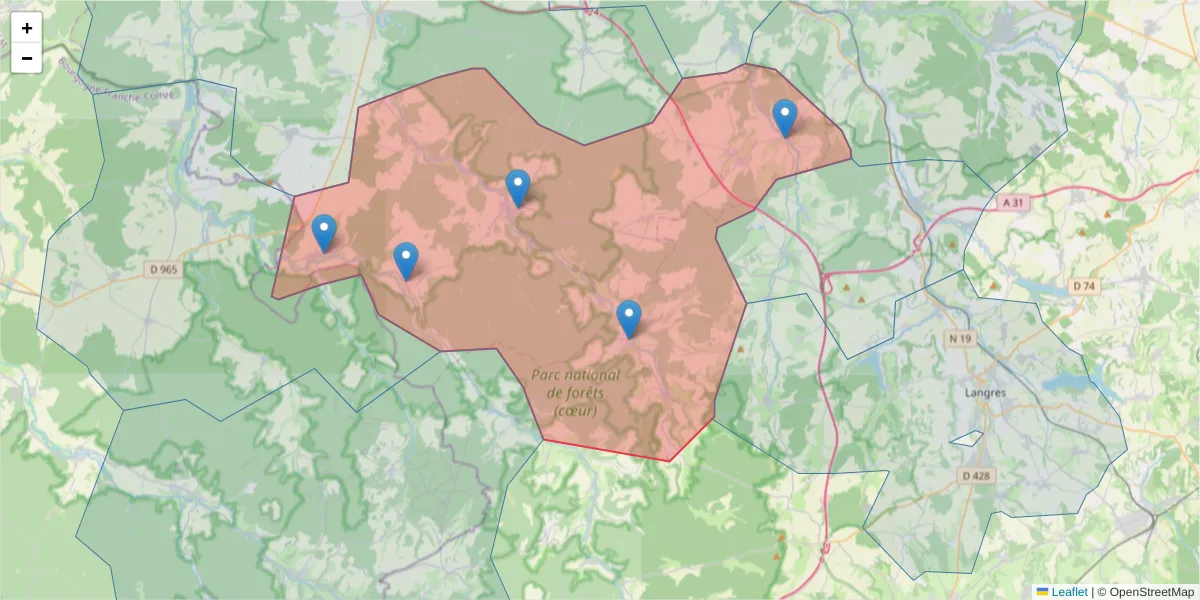 Carte de la zone du code postal  et des codes postaux voisins en France