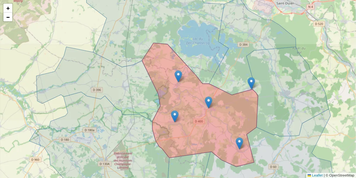 Carte de la zone du code postal  et des codes postaux voisins en France