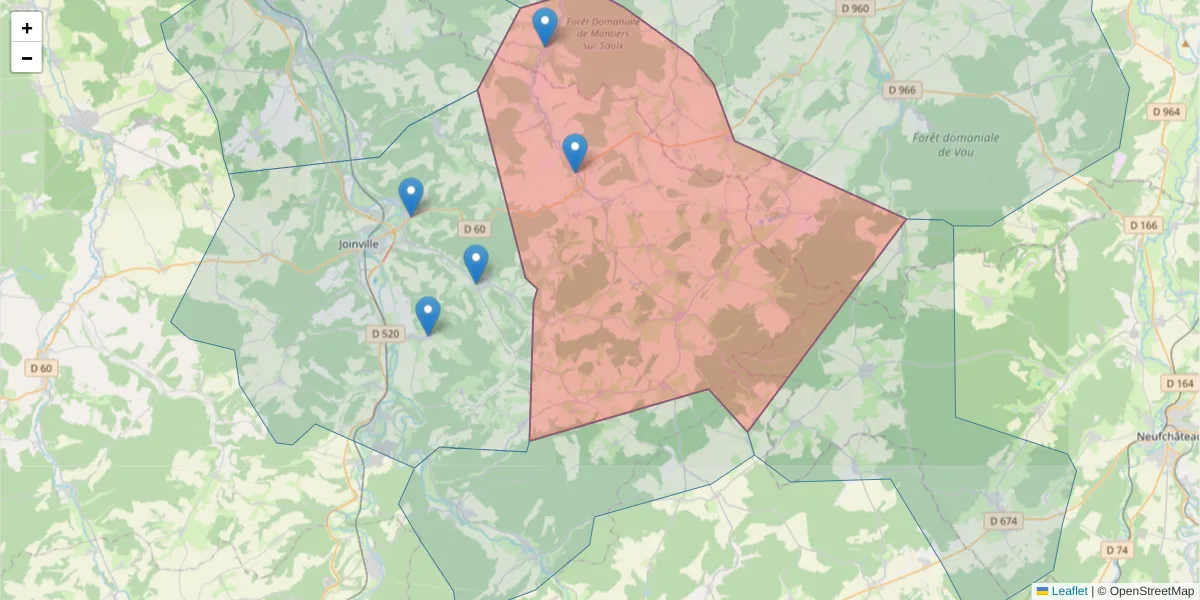 Carte de la zone du code postal  et des codes postaux voisins en France