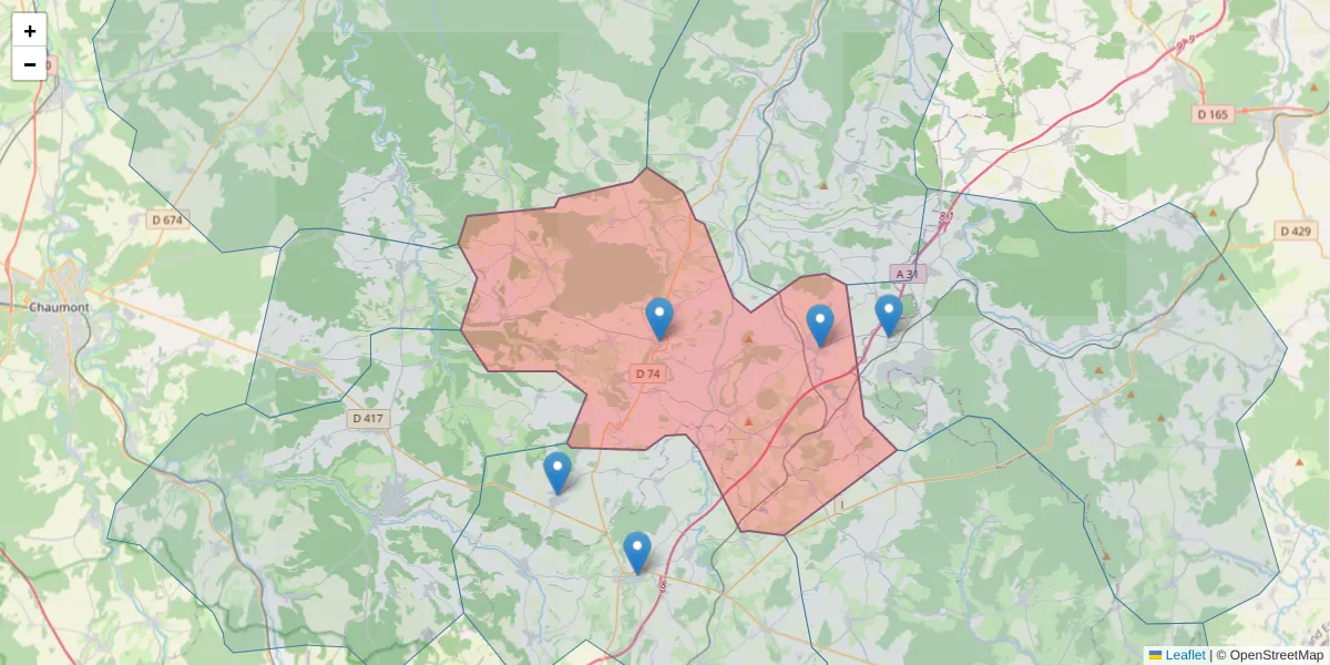 Carte de la zone du code postal  et des codes postaux voisins en France