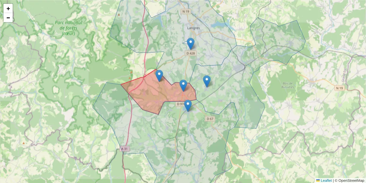 Carte de la zone du code postal  et des codes postaux voisins en France