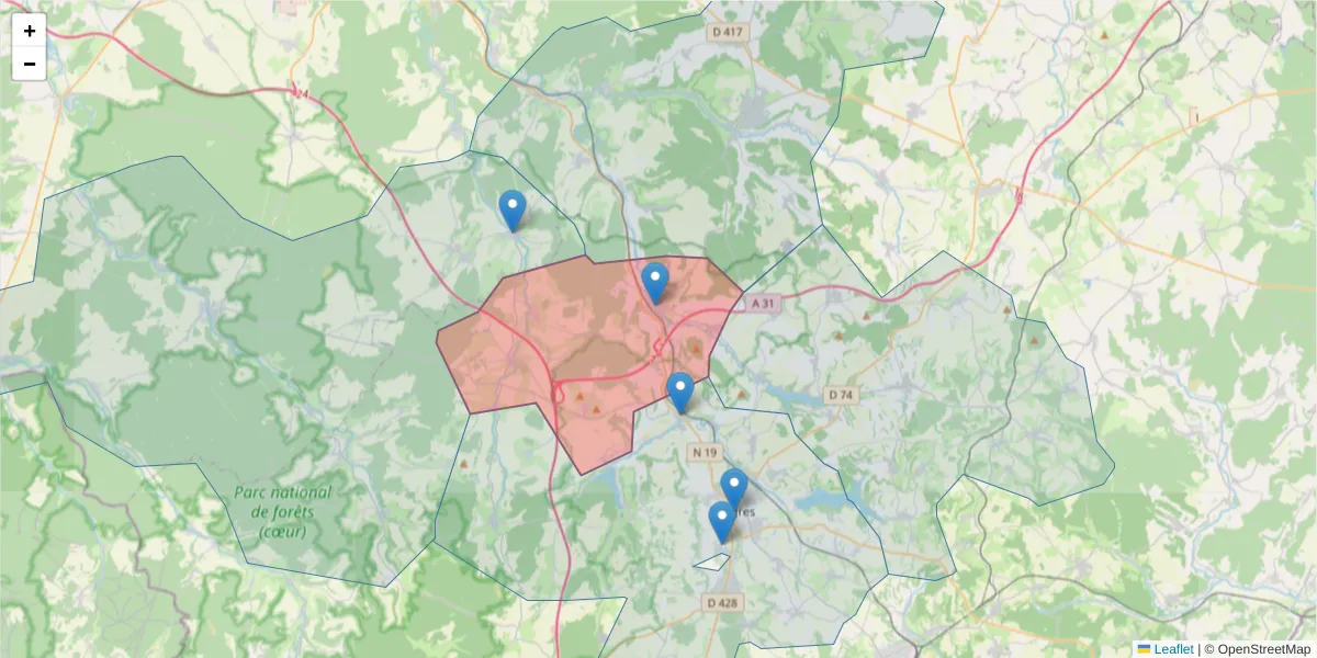 Carte de la zone du code postal  et des codes postaux voisins en France