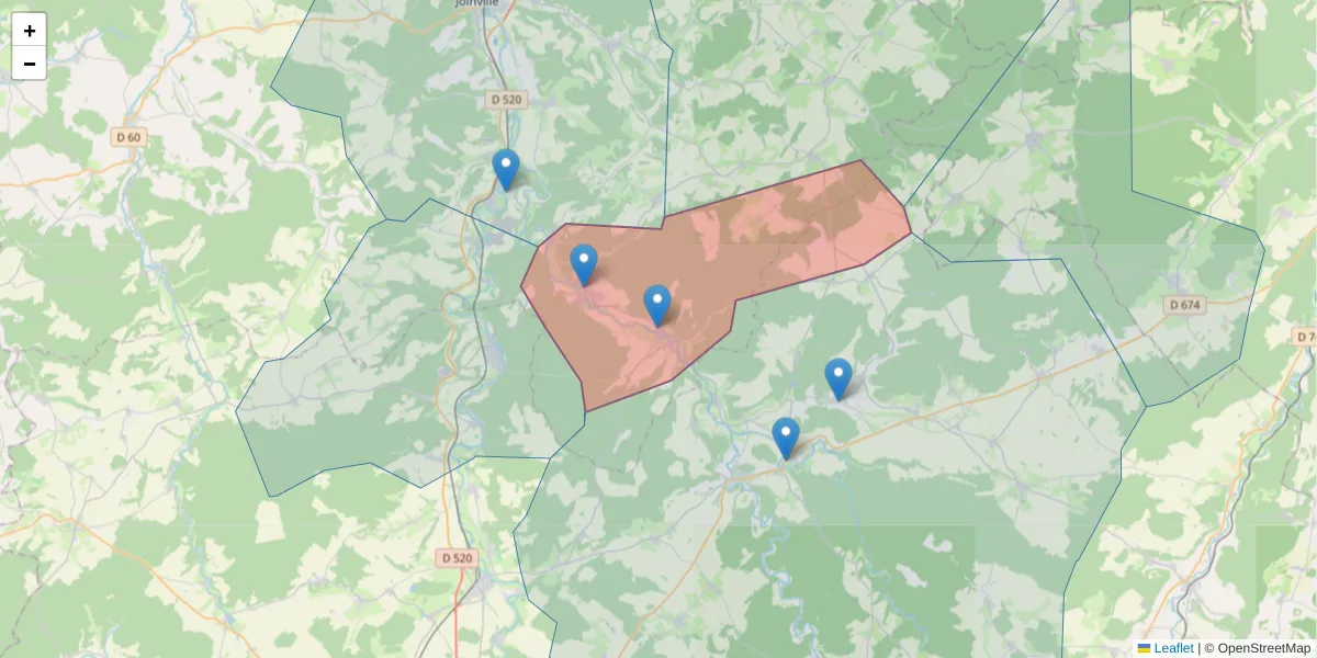 Carte de la zone du code postal  et des codes postaux voisins en France