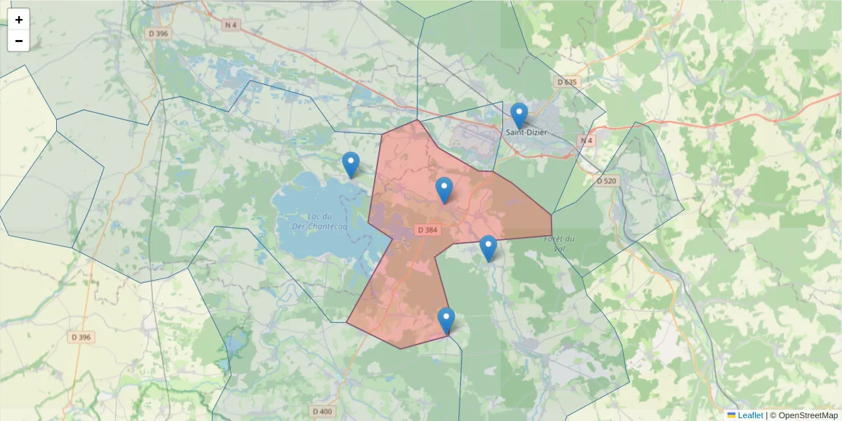 Carte de la zone du code postal  et des codes postaux voisins en France