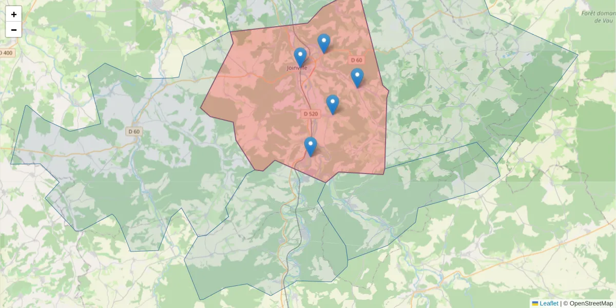 Carte de la zone du code postal  et des codes postaux voisins en France