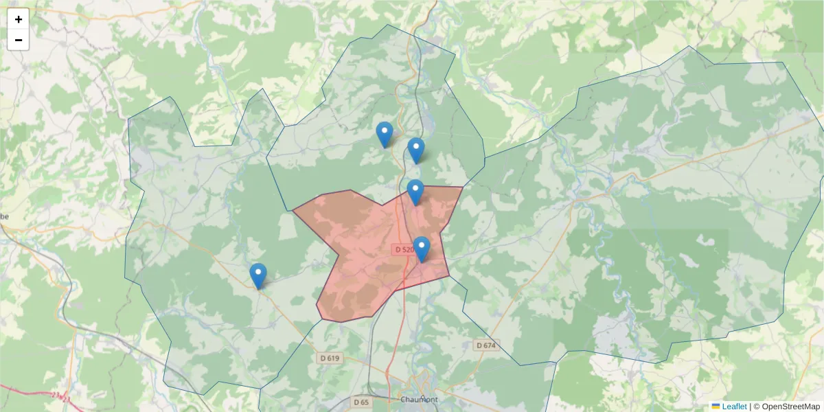 Carte de la zone du code postal  et des codes postaux voisins en France