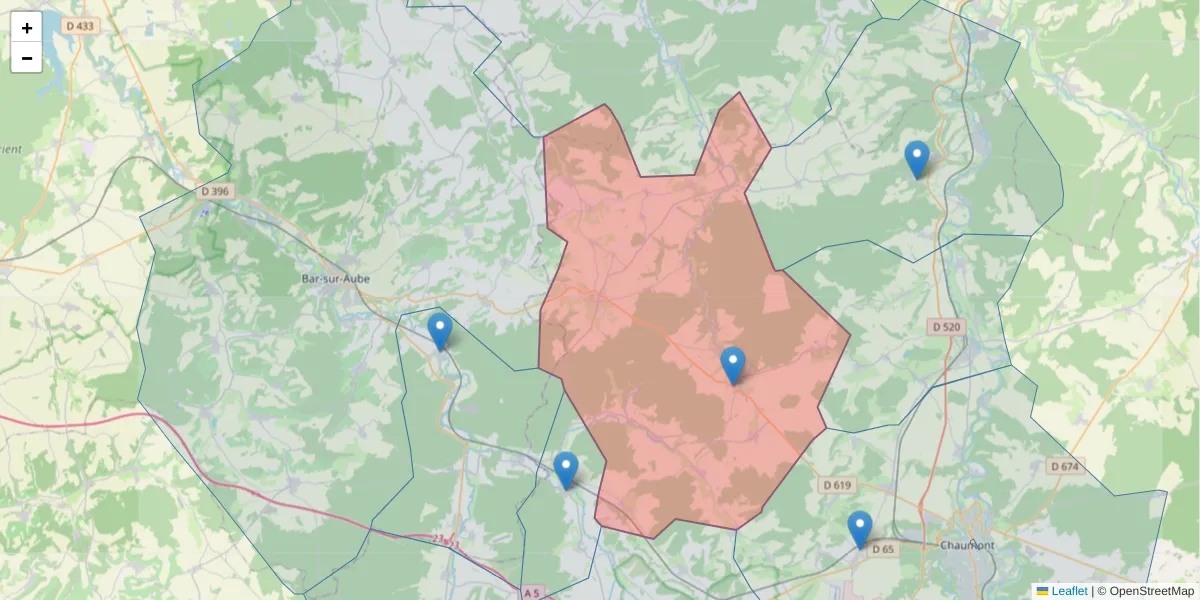 Carte de la zone du code postal  et des codes postaux voisins en France