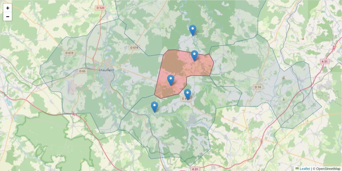 Carte de la zone du code postal  et des codes postaux voisins en France