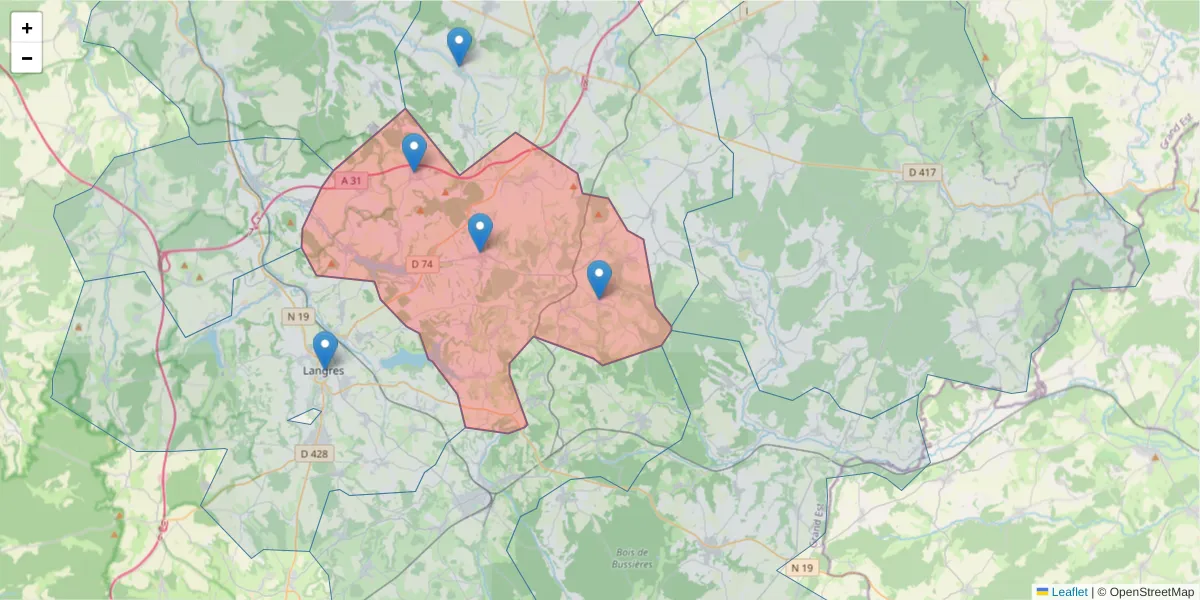 Carte de la zone du code postal  et des codes postaux voisins en France