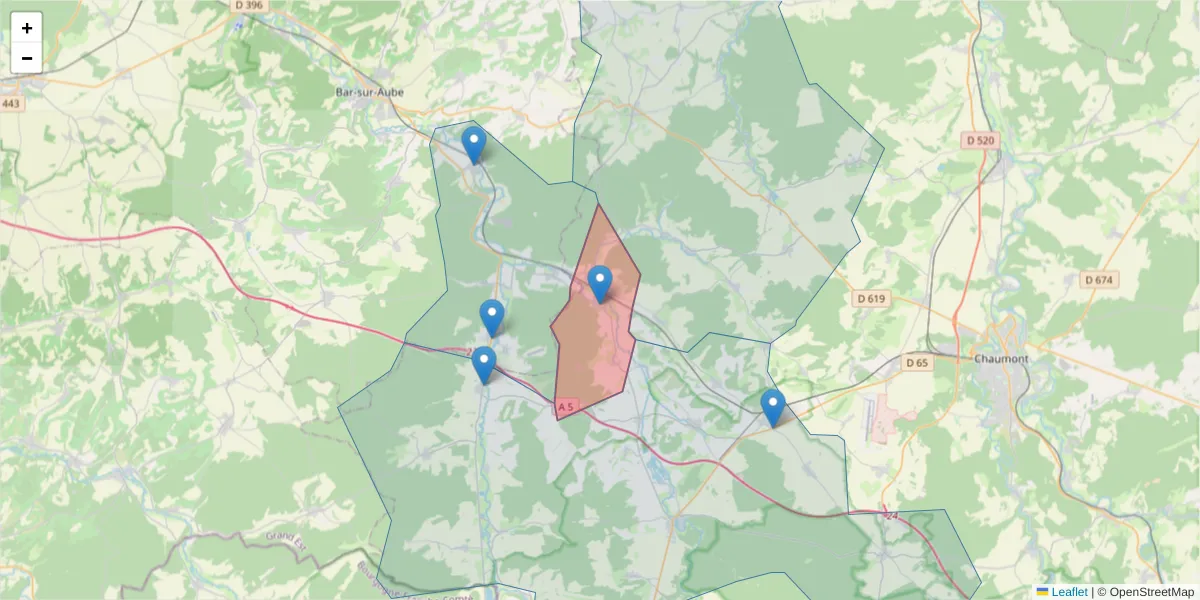 Carte de la zone du code postal  et des codes postaux voisins en France