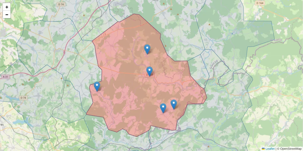 Carte de la zone du code postal  et des codes postaux voisins en France