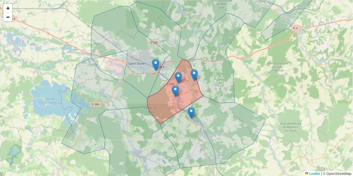 Carte de la zone du code postal  et des codes postaux voisins en France